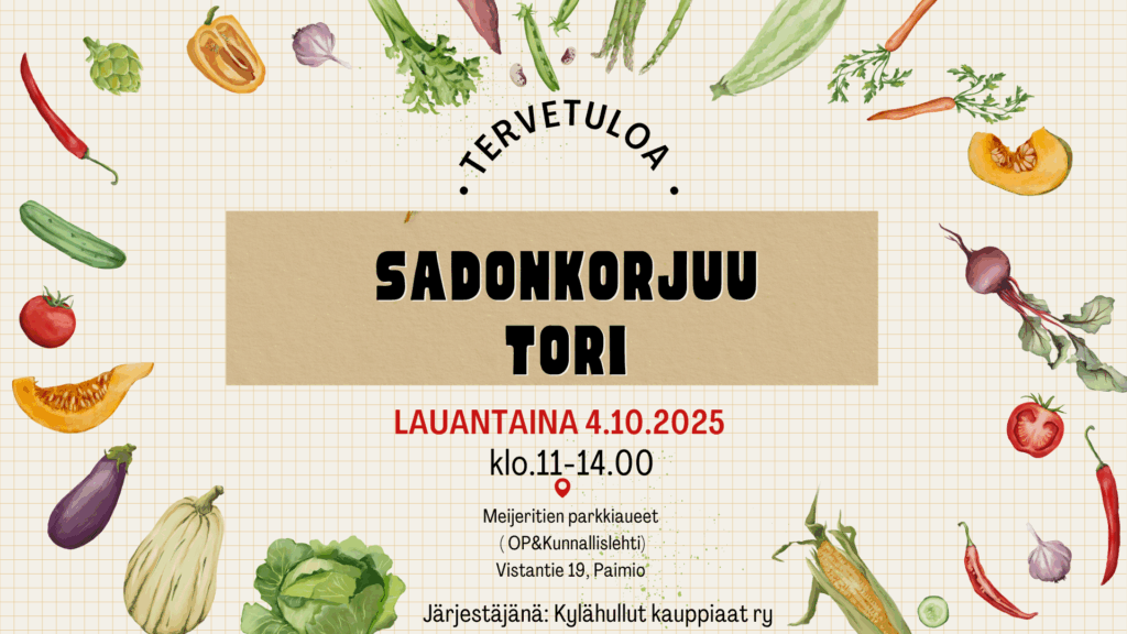 Piirroskuvassa erilaisia juureksia ja vihanneksia sekä teksti Sadonkorjuutori.