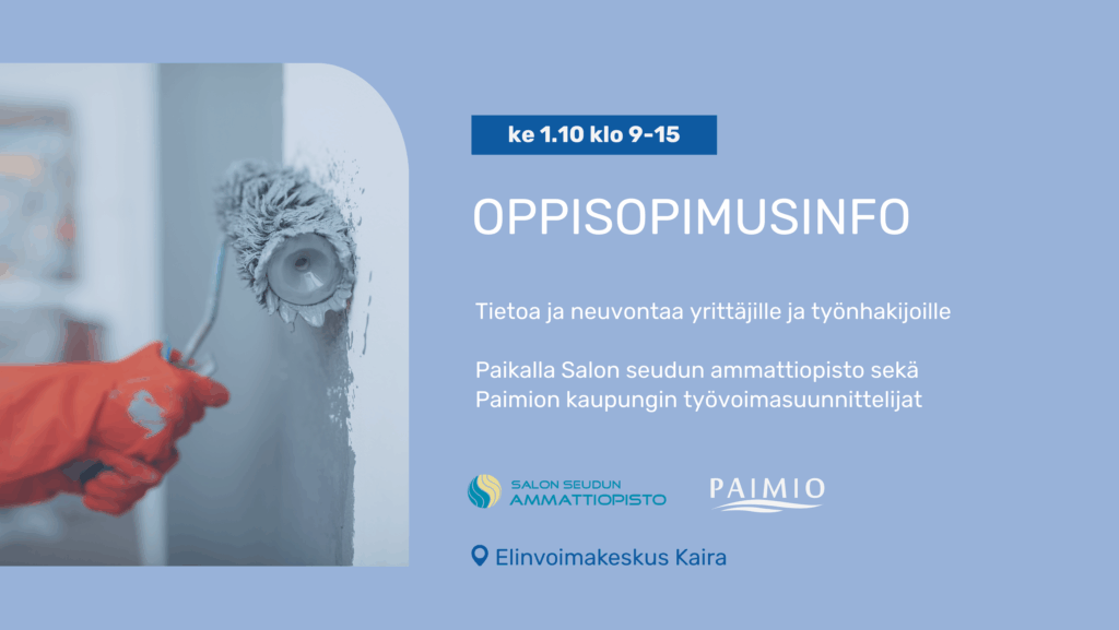 Vaaleansininen bannerikuva. Kuvassa vasemmalla kuva maalitelasta joka maalaa valkoista seinää siniseksi. Kuvassa oikealla tapahtuman tiedot ja yritysten logoja.