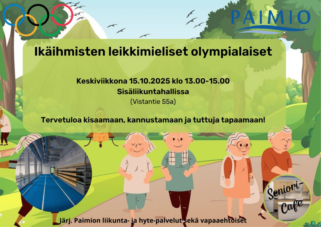 Ikäihmisten leikkimieliset olympialaiset mainos kuvistuskuvassa piirrettyjä ikäihmisiä liikkumassa.