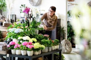Kukkakaupassa nainen asettelemassa erilaisia kukkia esille.