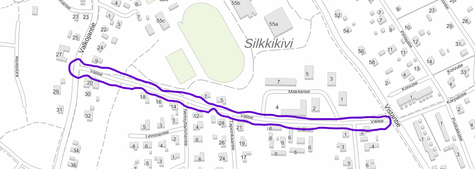Karttaan merkitty ympyröitynä punaisella värillä alue, joka asvaltoidaan 5.11. alkaen.