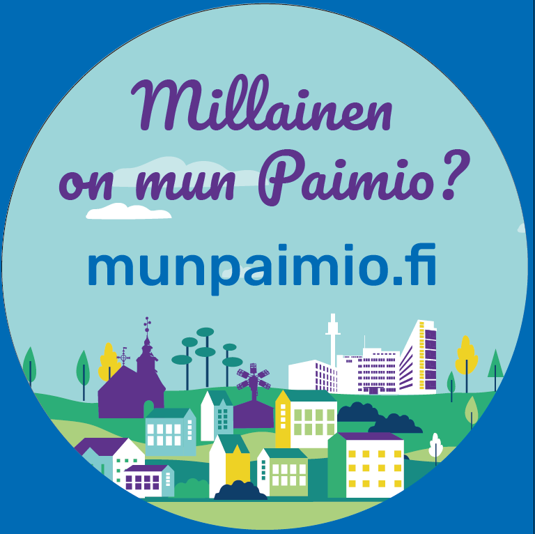 Värikäs piirroskuva, jossa kuvattuna rakennuksia Paimiosta sekä teksti Millainen on mun Paimio?, munpaimio.fi.