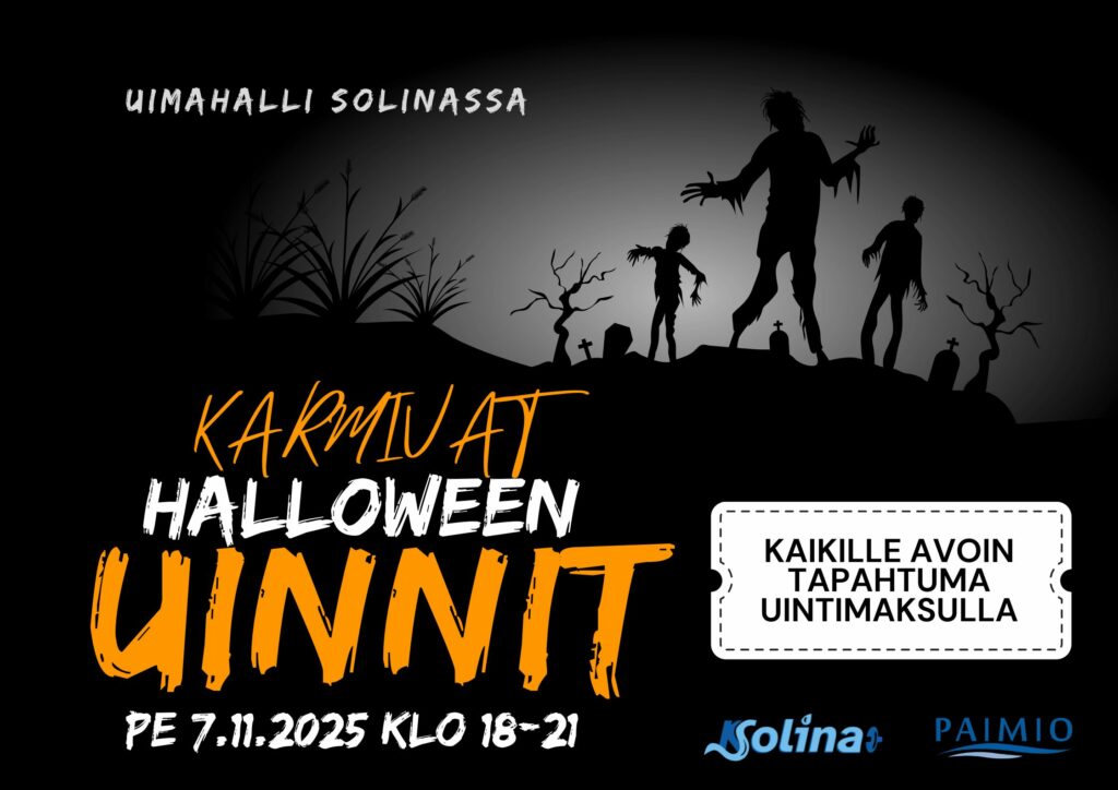 Tummasävyisessä kuvassa tummia silhuettihahmoja sekä teksti Uimahalli Solinassa karmivat Halloween uinnit pe 7.11.2025 klo 18 - 21.