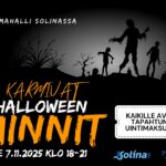 Tummasävyisessä kuvassa tummia silhuettihahmoja sekä teksti Uimahalli Solinassa karmivat Halloween uinnit pe 7.11.2025 klo 18 - 21.