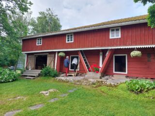 Punaiseksi maalattuun luhtirakennukseen on astumassa sisään kaksi ihmistä.