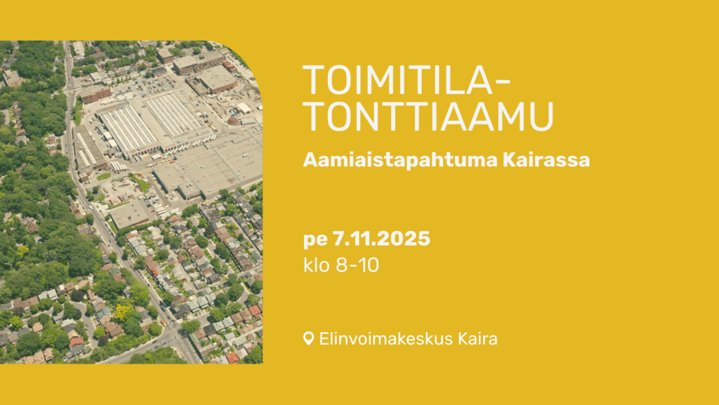 Keltainen bannerikuva valkoisella tekstillä. Vasemalla ilmakuva, jossa näkyy puita, tontteja ja kiinteistöjä. Oikealla tapahtuman tiedot.