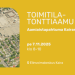 Keltainen bannerikuva valkoisella tekstillä. Vasemalla ilmakuva, jossa näkyy puita, tontteja ja kiinteistöjä. Oikealla tapahtuman tiedot.