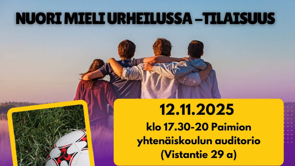 Nuorimieli urheilussa tilaisuuden mainos, jossa nuoria selkäpäin kameraan kädet toistensa olkapäillä.