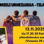 Nuorimieli urheilussa tilaisuuden mainos, jossa nuoria selkäpäin kameraan kädet toistensa olkapäillä.