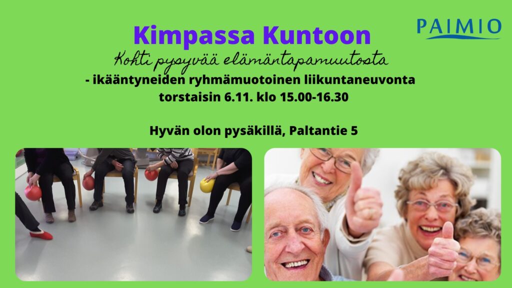 ikaantyneiden-ryhmamuotoinen-liikuntaneuvonta mainos, jossa iäkkäitä hymyileviä ihmisiä sekä tuolillaistuvia jaloilla palloa pelaavia.