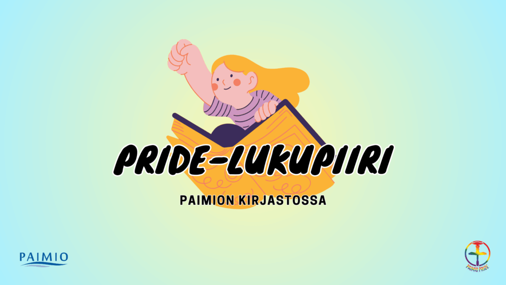 Pride-lukupiirin banneri, jossa nainen lentää kirjalla.