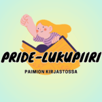 Pride-lukupiirin banneri, jossa nainen lentää kirjalla.
