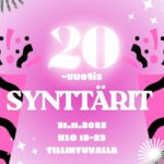 Punasävyinen kuva, jossa teksti 20-vuotissynttärit.