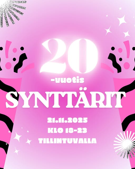 Punasävyinen kuva, jossa teksti 20-vuotissynttärit.