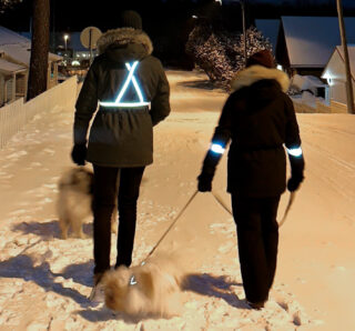 Näkyviin heijastimiin pukeutuneet henkilöt kävelyttävät talvella pimeään aikaan koiria.