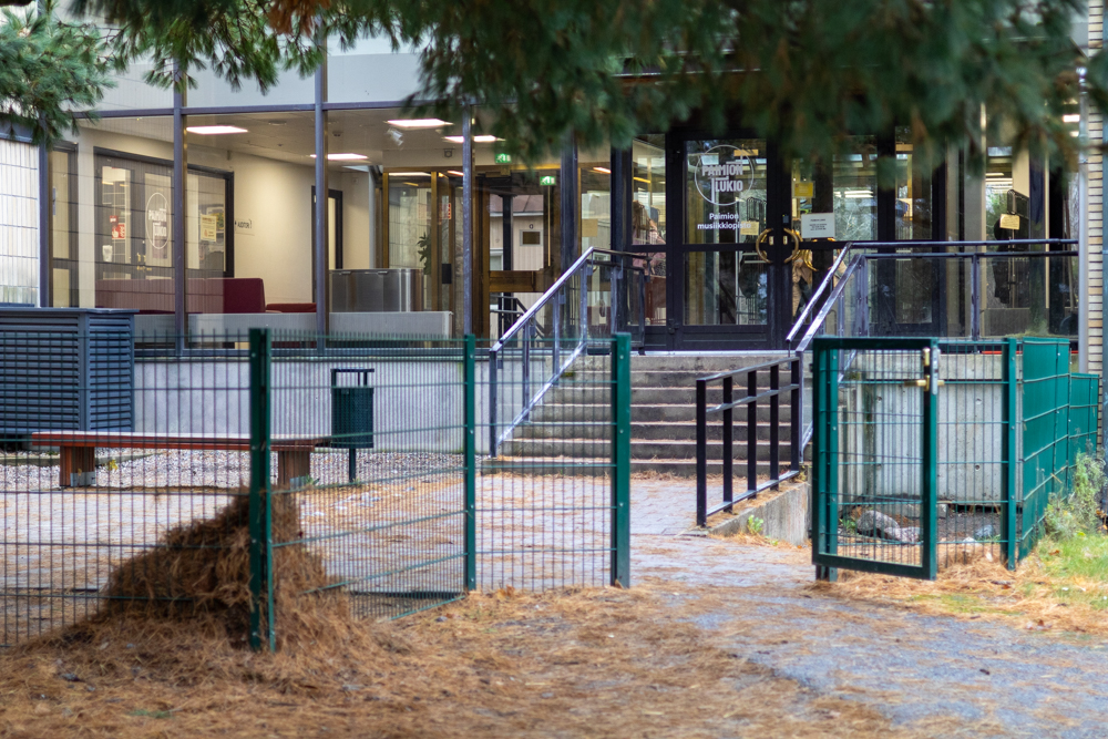 Etualalla metallinen aita, ja sen takana portaikko ja sisäänkäynti rakennukseen. sisäänkäynti