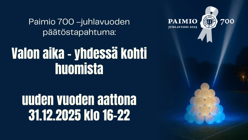 Paimio 700 -juhlavuoden päätöstapahtuma valon aika. Iso lumilyhty, josta valonheittimet.