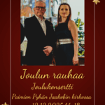 Juhlaviin asuihin pukeutuneet mies ja nainen katsovat kohti kameraa.. Kuvaan lisätty kullanvärisiä jouluisia koristeita.