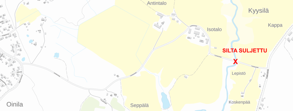 Tomerontien silta merkitty rastilla kartalle.