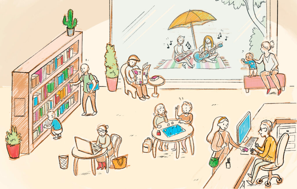 Kuva kirjastosta, jossa ihmisiä työskentelemässä , asioimassa asiakastiskillä, lukemassa ja lainaamassa.