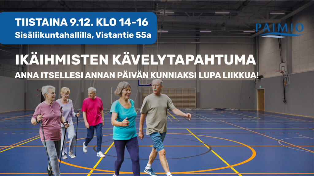 Ikäihmisiä kävelemässä Paimion sisäliikuntahallissa