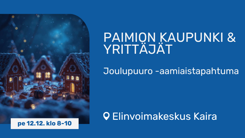 Tumman sinisellä pohjalla lukee tapahtuman tiedot oikealla ja vasemmalla on tekoälyn avulla luotu tunnelmallinen tumma kuva jossa näkyy pieniä sisältä valaistuja piparkakkutaloja.