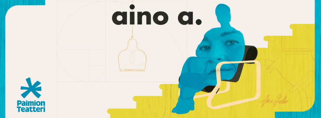 Piirroskuvassa Paimio-tuoli ja ja kattovalaisin, tekstinä Aino A sekä Paimion Teatterin logo.