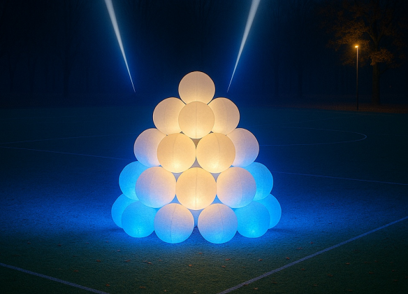 Pimeän taustan edustalla isokokoisista lumipalloista rakennettu jättilumilyhty.