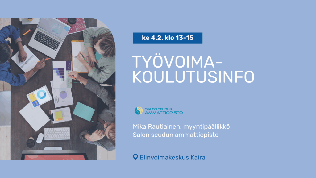 Sininen bannerikuva jossa vasemmalla kuva joka on otettu ylhäältäpäin ja jossa näkyy ihmisiä pöydän ääressä opiskelemassa ja oikealla tapahtuman tiedot ja tekstit.