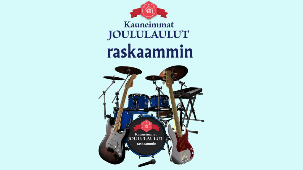 Erilaisia soittimia ryhmässä ja teksti Kauneimmat joululaulut raskaammin.