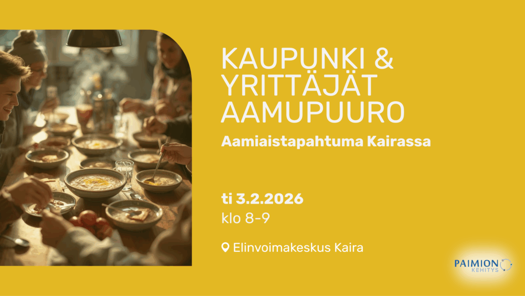 Keltainen bannerikuva, jossa oikealla valkoisella tekstit ja vasemmalla kuva jossa näkyy pöydällä puurolautasia ja ihmisiä osittain syömässä puuroa.