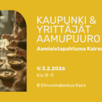 Keltainen bannerikuva, jossa oikealla valkoisella tekstit ja vasemmalla kuva jossa näkyy pöydällä puurolautasia ja ihmisiä osittain syömässä puuroa.