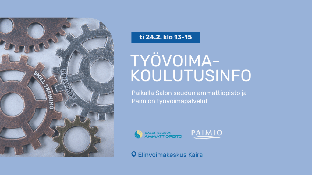 Sininen bannerikuva jossa vasemmalla kuva joka on otettu ylhäältäpäin ja jossa näkyy ihmisiä pöydän ääressä opiskelemassa ja oikealla tapahtuman tiedot ja tekstit.