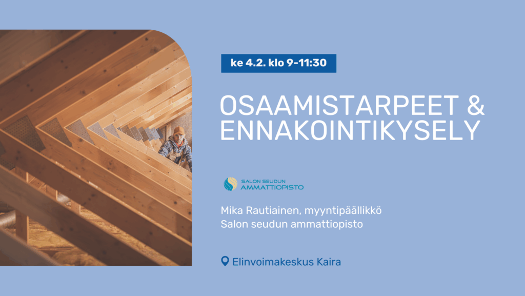 Sininen bannerikuva jossa vasemmalla kuva joka on otettu ylhäältäpäin ja jossa näkyy ihmisiä pöydän ääressä opiskelemassa ja oikealla tapahtuman tiedot ja tekstit.