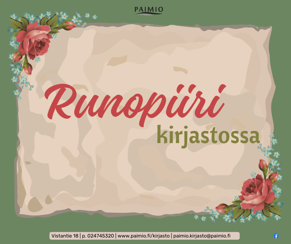 Runopiiri kirjastossa teksti sekä kaksi ruusua.