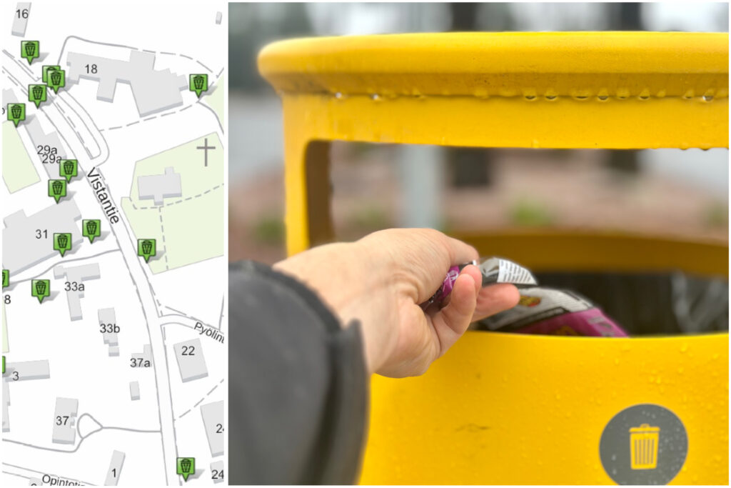 Vasemmalla puolella näkymä Paimion keskustan kartast, oikealla roskaa ollaan laittamassa keltaiseen roska-astiaan.