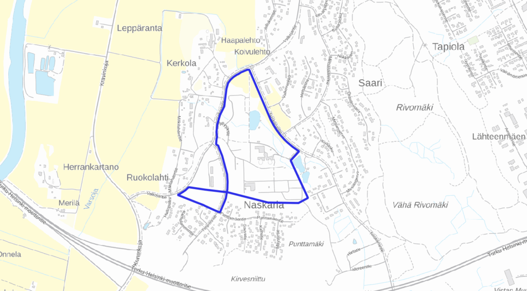 Naskarlan lammen alueen asemakaavamuutoksen aluerajaus kartalla esitettynä.