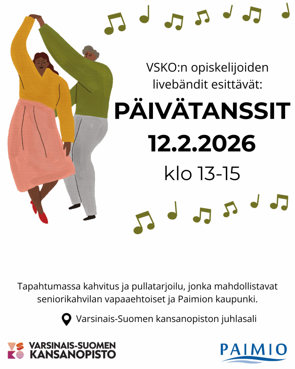 Piirroskuvassa tanssiva pari sekä nuottien kuvia.