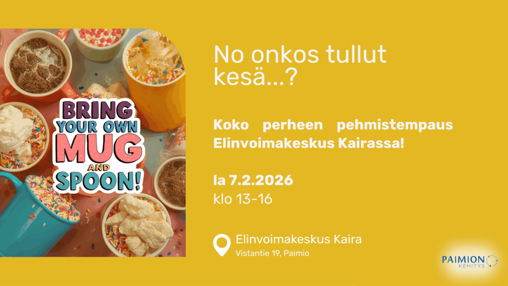 Keltainen bannerikuva jossa kuva vasemmalla ja tapahtuman tiedot valkoisella tekstillä oikealla.