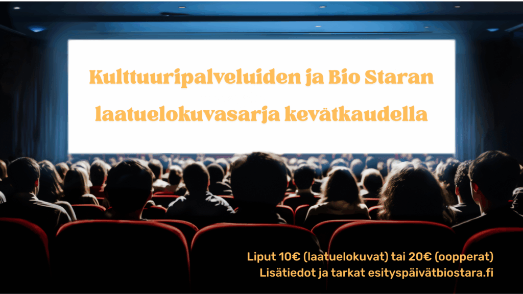 Ihmisiä istumassa elokuvateatterissa, jossa näytöllä lukee laatuelokuvasarja.