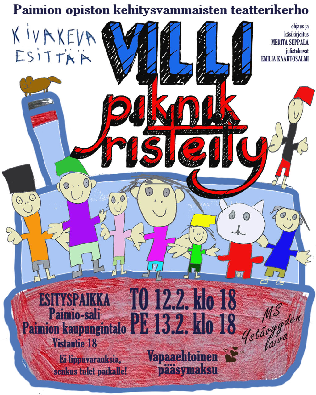 Piirretty laiva jossa piirroshahmoja sekä tapahtuman tiedot