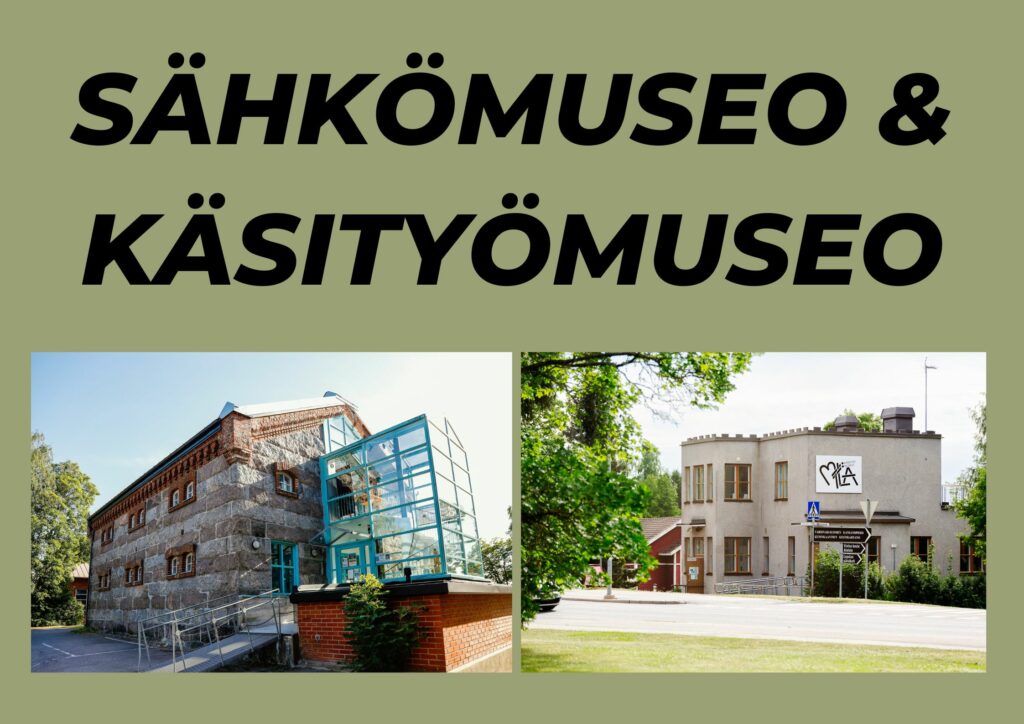 Vasemmalla graniittikivirakennus, jossa lasinen porraskäytävä, oikealla funkisrakennus, jonka päädyssä Käsityömuseo Miilan logo.