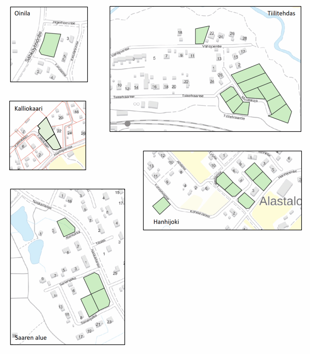 Huutokaupattavat tontit kartalle piirrettyinä.
