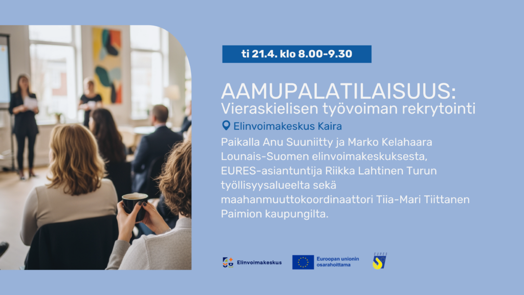 Kuvassa vasemmassa reunassa yleisöä yritystapahtumassa ja oikeassa reunassa tapahtuman tiedot.
