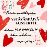 Sydämen kuvia ja nuottimerkkejä sekä teksti Ystävänpäiväkonsertti tiistaina 10.2. klo 18.