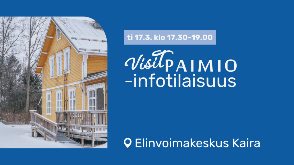 Kuva keltaisesta puutalosta ja tapahtumatiedot sinisellä pohjalla.