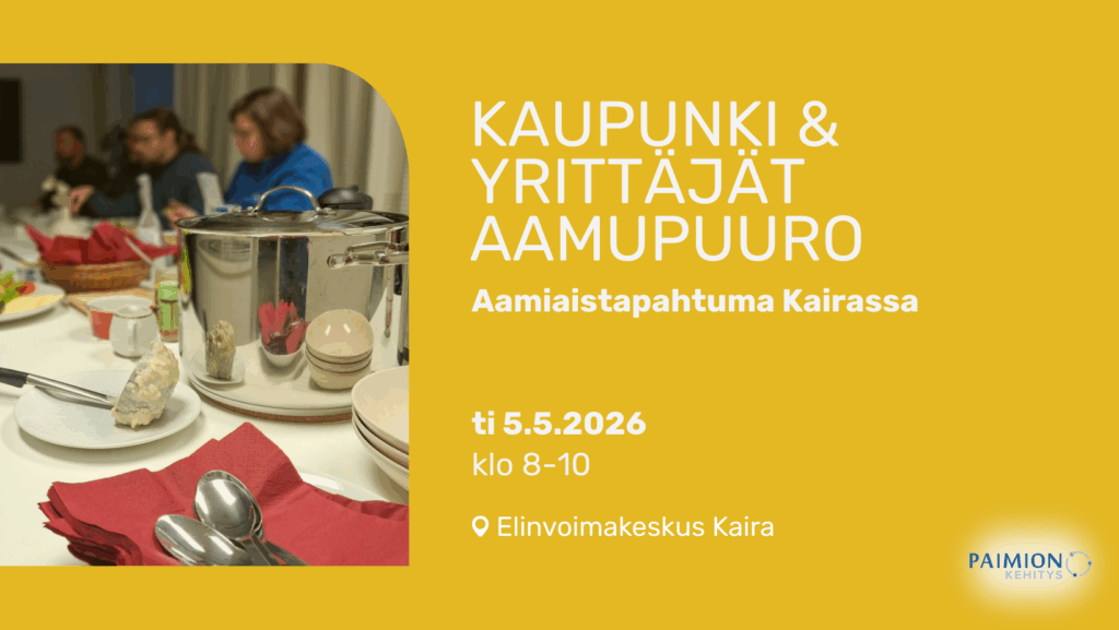 Keltainen bannerikuva.Vasemmalla näkyy kuva jossa aamiaistarvikkeita ja puurokattila. Taustalla näkyy ihmisiä. Oikealla tapahtuman tiedot valkoisella tekstillä.