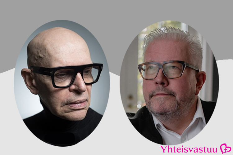 Kaksi silmälasipäivästä miestä pikkukuvissa vierekkäin. Lisäksi Yhteisvastuukeräyksen logo.