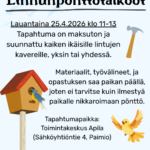 Piirroskuva, jossa linnunpönttö, vasara ja lintu.