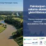 Vasemmalla ilmakuva kesäisestä Paimionjoesta rantoineen. Oikealla tapahtuman perustiedot ja alhaalla kahdeksan logoa.